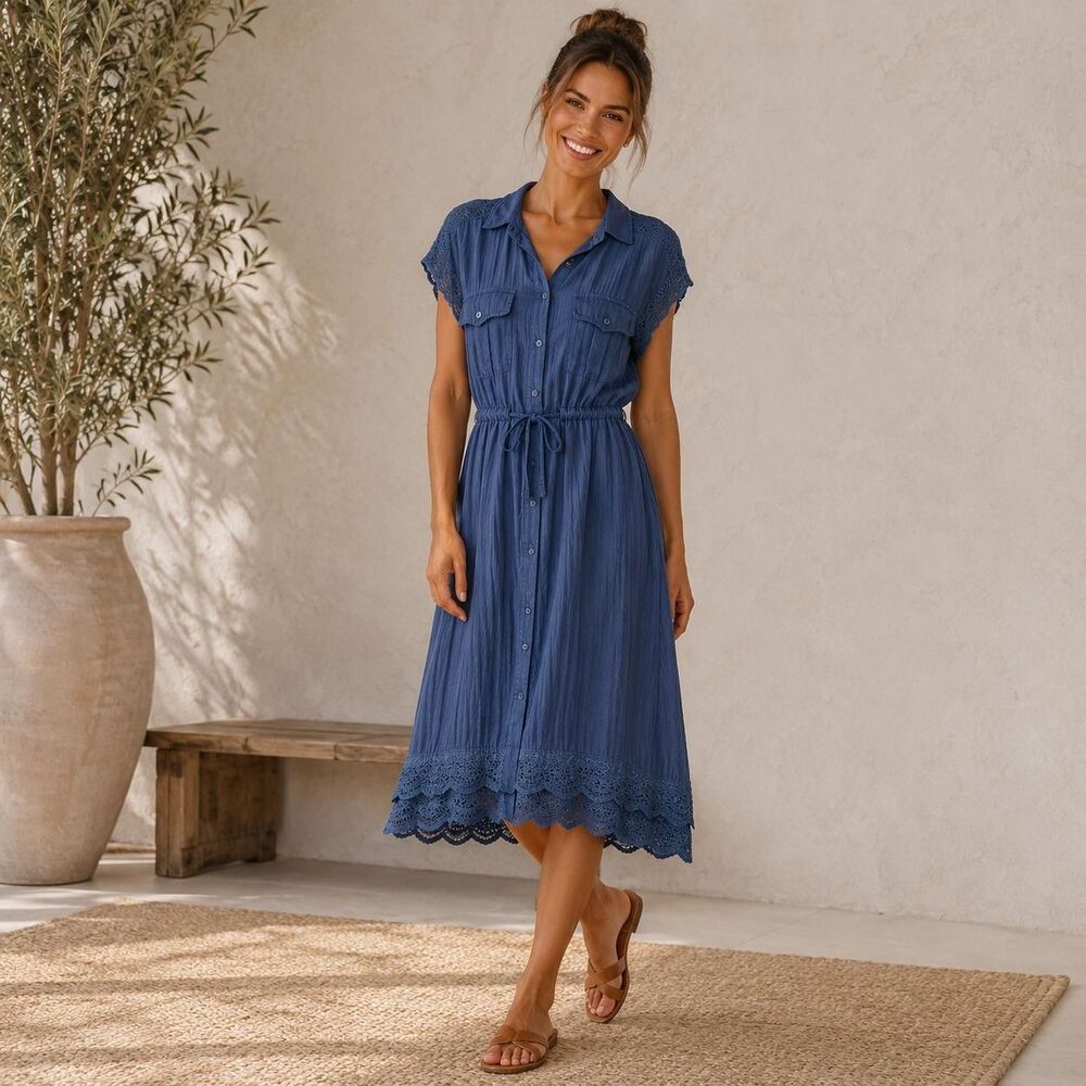 SUNDANCE Women's‎ Midi Dress MEDIUM Embroidered Tie Waist 100% Cotton